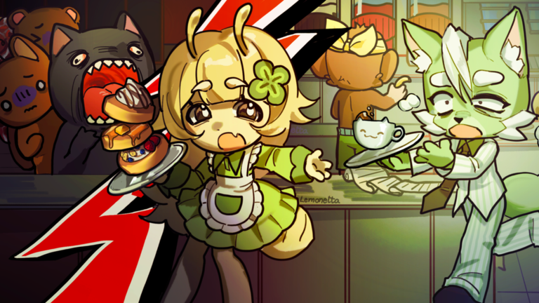 Official Anomaly Cafe artwork showing cafe service and a dangerous customer